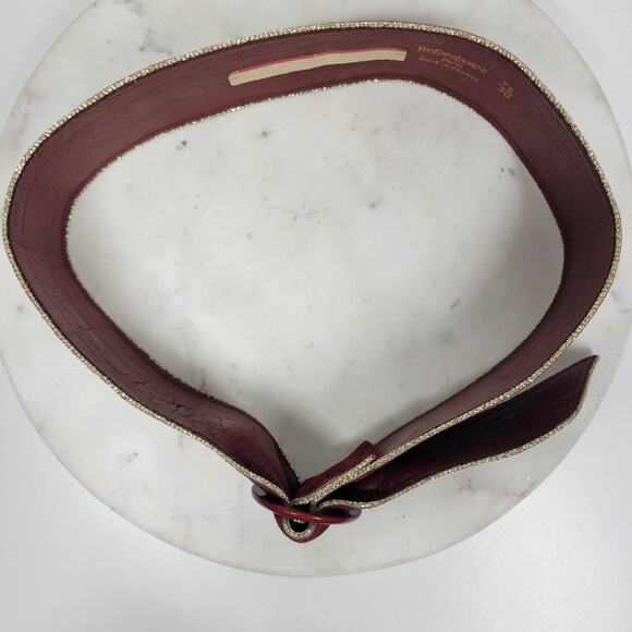 VTG Yves Saint Laurent Suede Belt 75/30 Burgundy Red Bakelite Buckle Gold Trim main image 10